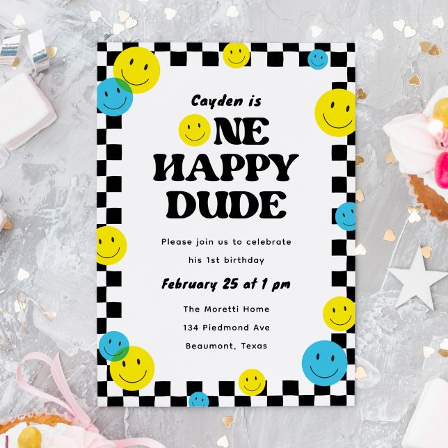 One Happy Dude Smiling Face 1st Birthday Party Invitation ("One happy dude" 1st birthday party invitation with smiling faces)