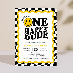 One Happy Dude   Wavy Happy Face Boy 1st Birthday Invitation