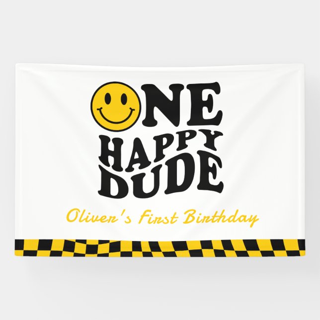 One Happy Dude Wavy Happy Smile Boy 1st Birthday  Banner (Horizontal)
