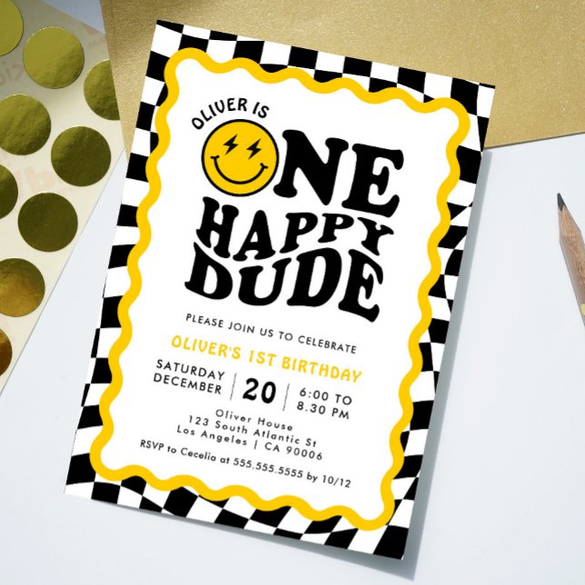 One Happy Dude | Wavy Smile Face Boy 1st Birthday Invitation (Creator Uploaded)