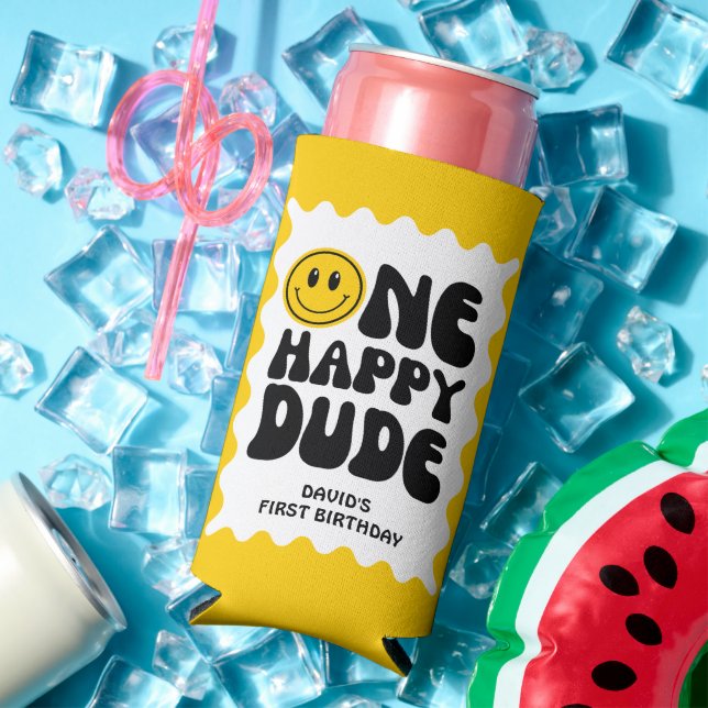 One Happy Dude Wavy Squiggly First Birthday  Seltzer Can Cooler (In Situ Summer)