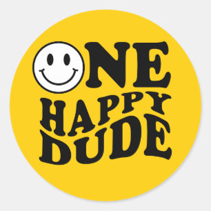 One Happy Dude Yellow Preppy Smile First Birthday  Classic Round Sticker