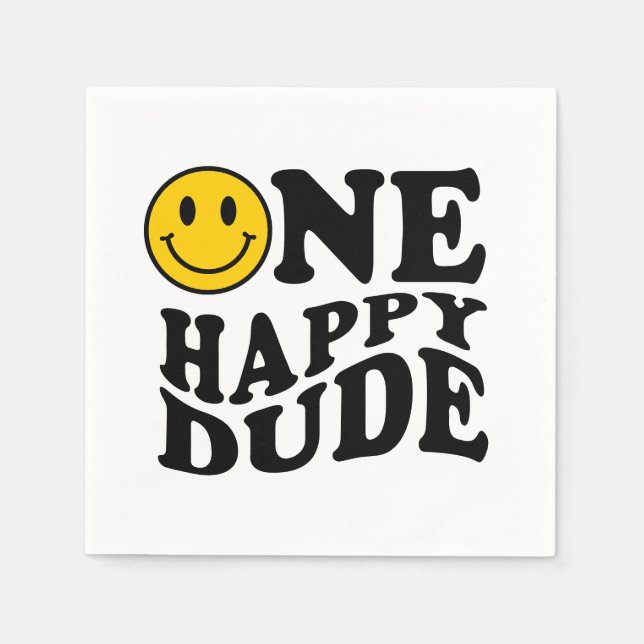One Happy Dude Yellow Retro Happy Smile Birthday Napkin (Front)