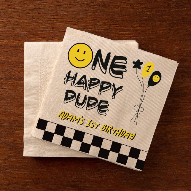 One Happy Dude Yellow Smile First 1st Boy Birthday Napkin (Creator Uploaded)