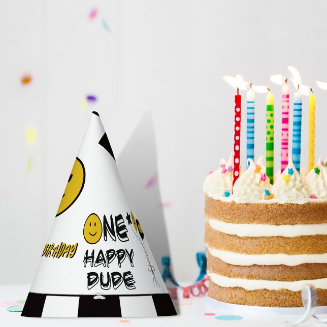 One Happy Dude Yellow Smile First 1st Boy Birthday Party Hat (Creator Uploaded)