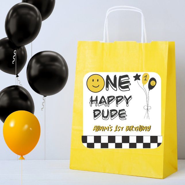 One Happy Dude Yellow Smile First 1st Boy Birthday Square Sticker (Creator Uploaded)