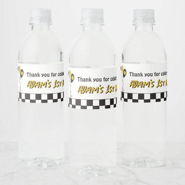 One Happy Dude Yellow Smile First 1st Boy Birthday Water Bottle Label (Bottles)