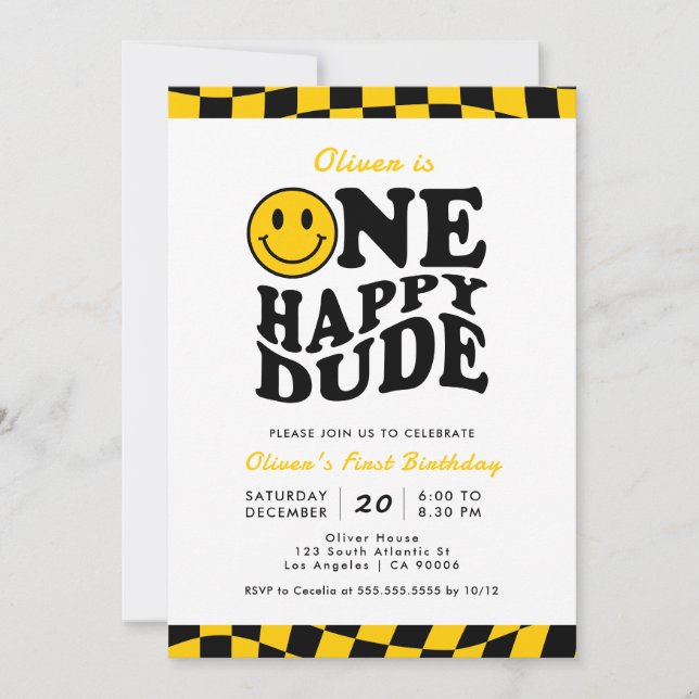 One Happy Dude Yellow Wavy Smile Face 1st Birthday Invitation (Front)