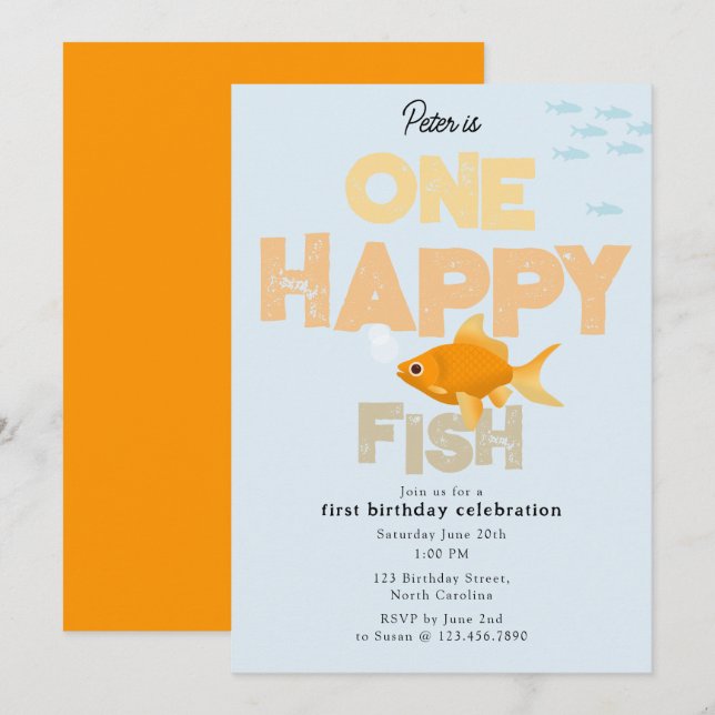 One Happy Fish Invite 1st Boy Girl Birthday (Front/Back)