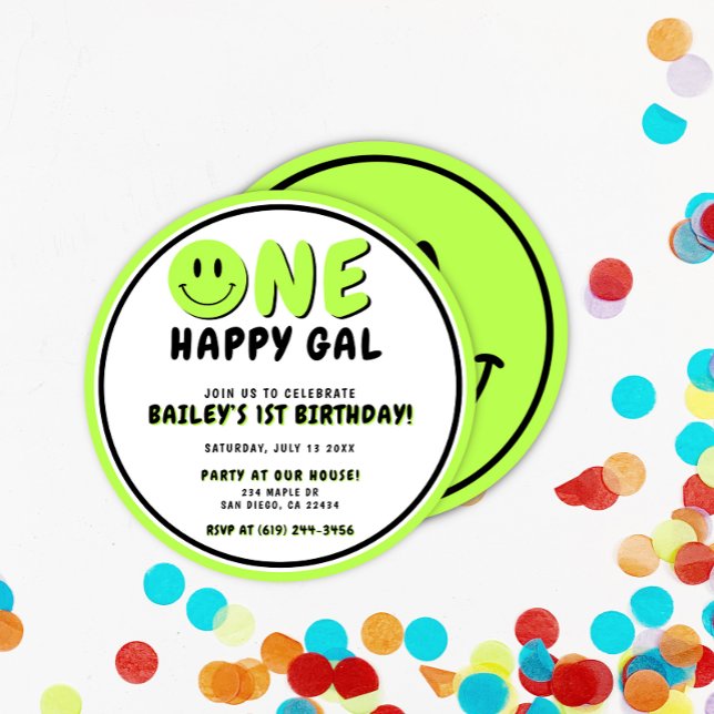 One Happy Gal 1st Birthday Smiley Face Invitation (Creator Uploaded)