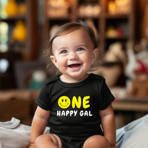 One Happy Gal 1st Birthday Yellow Smiley Baby Bodysuit