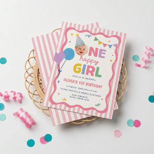 One Happy Girl 1st Birthday Pink Stripes Invite