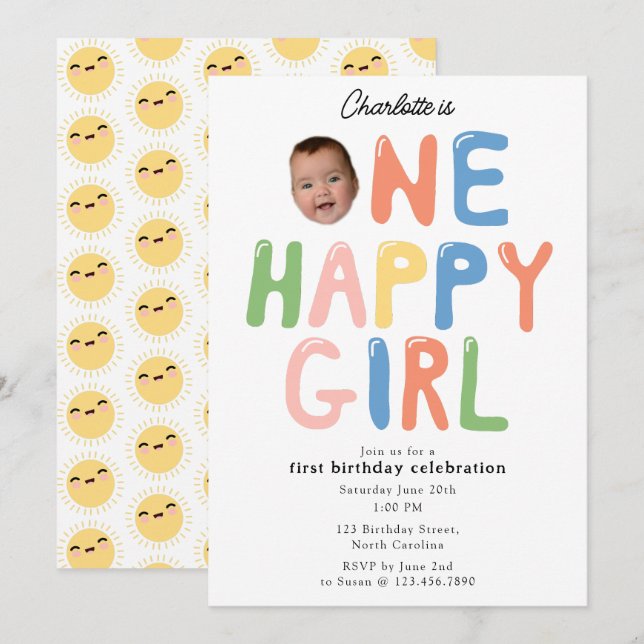 One Happy Girl Birthday Invite 1st Birthday Photo (Front/Back)