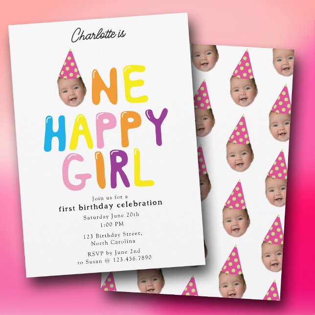 One Happy Girl Birthday Invite 1st Birthday Photo  (One Happy Girl Birthday Invite 1st Birthday Photo)