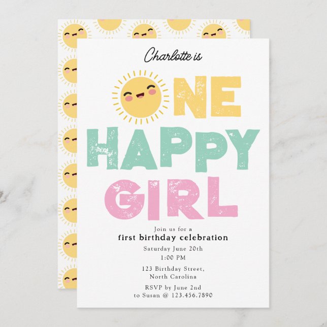One Happy Girl Birthday Invite 1st Birthday Sun (Front/Back)