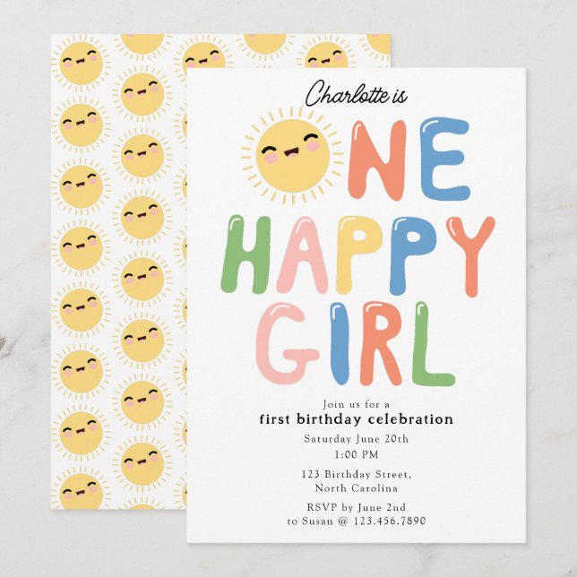 One Happy Girl Birthday Invite 1st Birthday Sun (Front/Back)