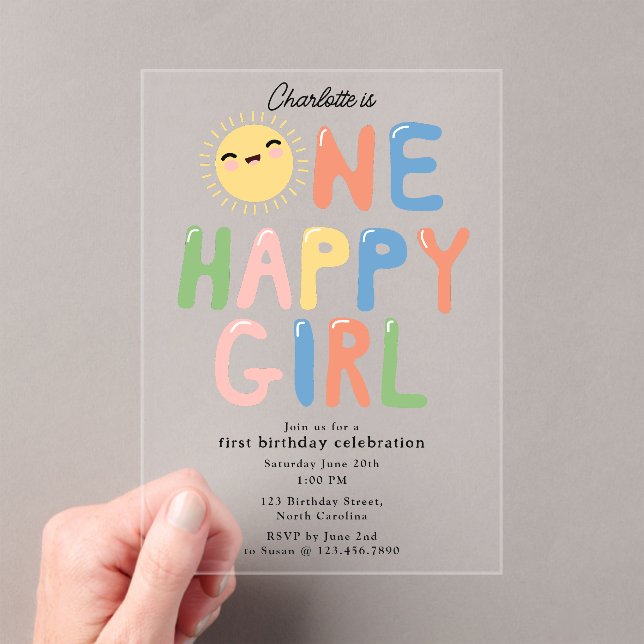 One Happy Girl Birthday Invite 1st Birthday Sun Acrylic Invitations (Insitu (Handheld))