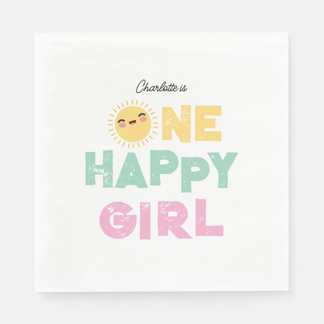 One Happy Girl Birthday Invite 1st Birthday Sun Napkin (Front)