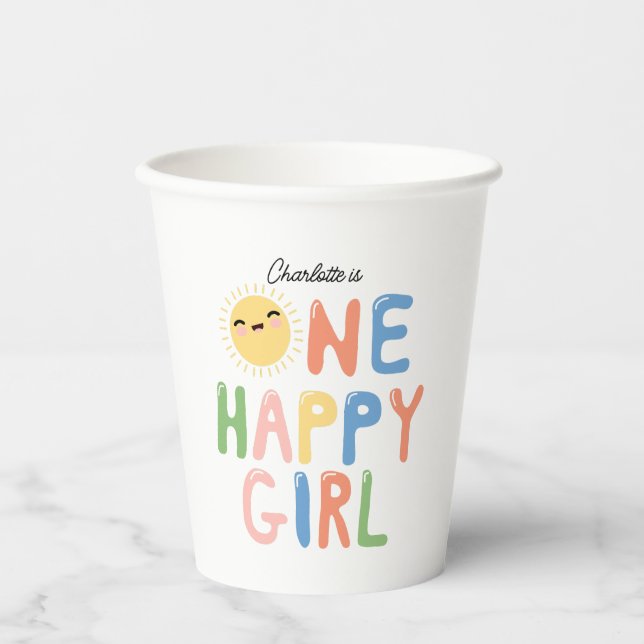 One Happy Girl Birthday Invite 1st Birthday Sun Paper Cups (Front)