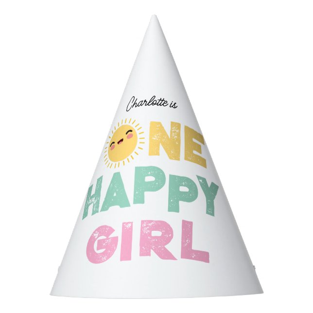 One Happy Girl Birthday Invite 1st Birthday Sun Party Hat (Front)