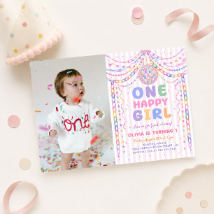 One Happy Girl Paper Chain Disco Birthday Photo Invitation