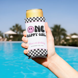 One Happy Girl Pink Happy Face Birthday Seltzer Can Cooler