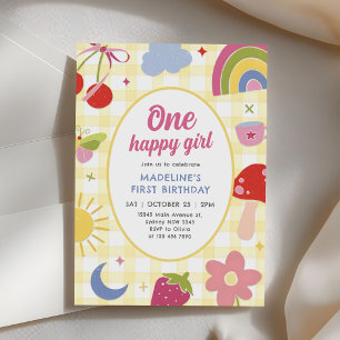 One Happy Girl Retro Hand Drawn 1st Birthday Invitation