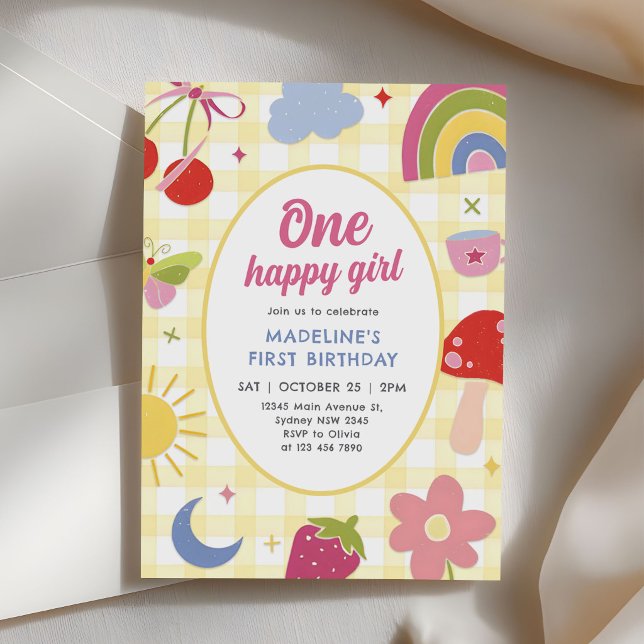One Happy Girl Retro Hand Drawn 1st Birthday Invitation (Creator Uploaded)