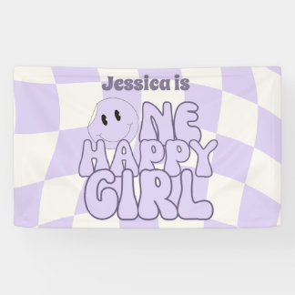 One Happy Girl Retro Pink 1'st Birthday Party Banner