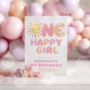 One Happy Girl Sun 1st Birthday Pink Purple Invitation