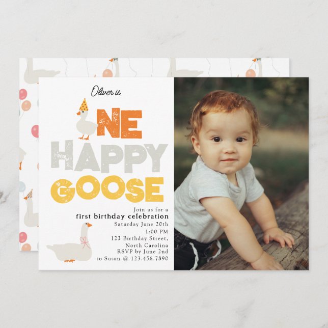 One Happy Goose Invite 1st  First Birthday Photo (Front/Back)