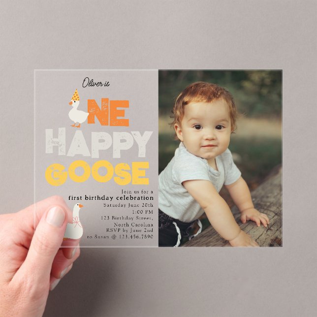 One Happy Goose Invite 1st  First Birthday Photo Acrylic Invitations (Insitu (Handheld))
