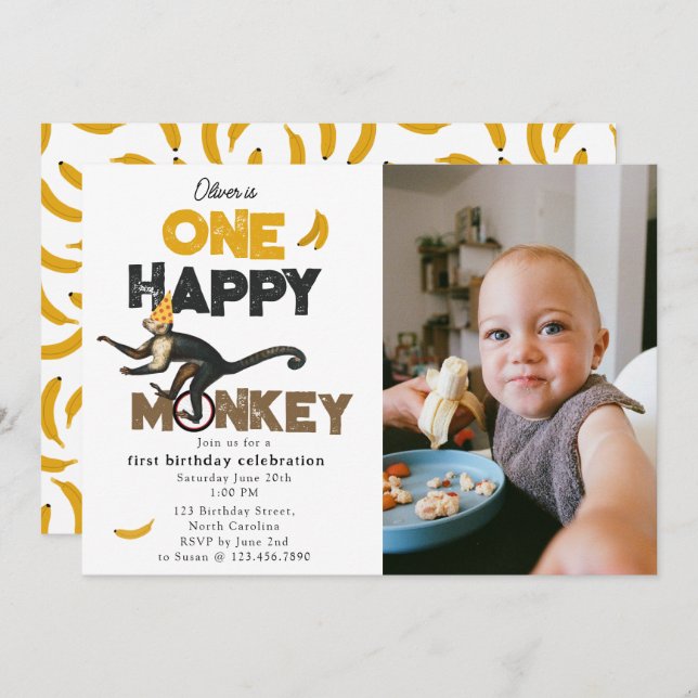 One Happy Monkey Cute 1st First Birthday Photo Invitation (Front/Back)