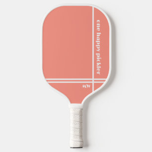 One Happy Pickler Pink White Initials Funny Pickleball Paddle