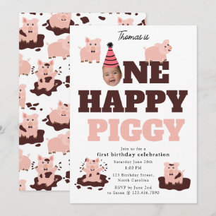 One Happy Piggy Funny Face 1st Birthday Photo Invitation