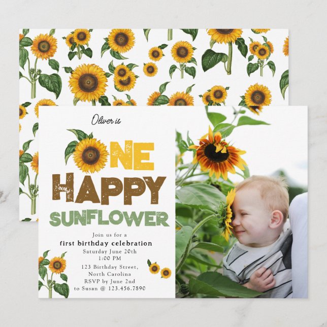 One Happy Sunflower 1st Summer Birthday Photo Invitation (Front/Back)