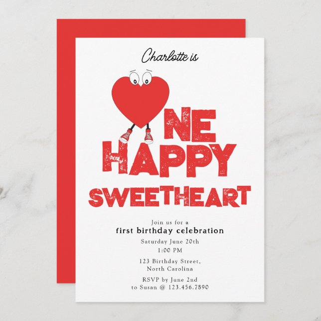 One Happy Sweetheart Invite 1st Girl Birthday (Front/Back)