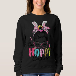 One Hoppy Cashier Messy Bun Hair Bunny Ear Easter Sweatshirt