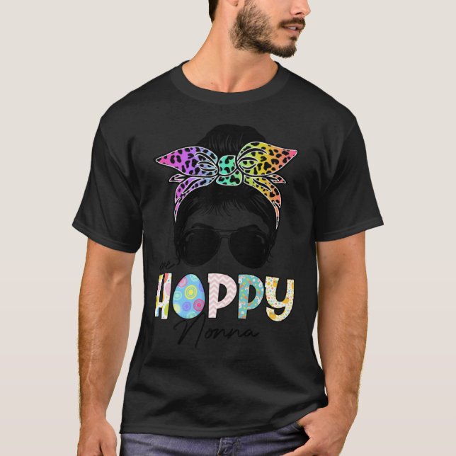 One Hoppy Nonna Leopard Messy Bun Easter Day T-Shirt (Front)