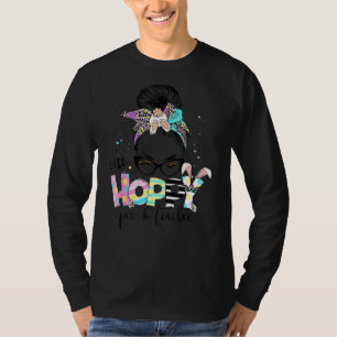 One Hoppy Pre K Teacher Bunny Leopard Messy Bun Ea T-Shirt