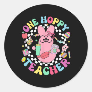 One Hoppy Teacher Bunny Easter Day Eggs Groovy Ret Classic Round Sticker
