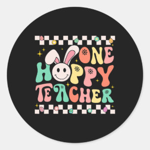 One Hoppy Teacher Bunny Easter Day Groovy Retro Bo Classic Round Sticker