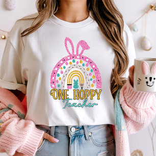 One Hoppy Teacher Easter Rainbow Glitter T-Shirt