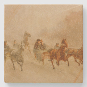 One Horse Open Sleigh Race Christmas Stone Coaster