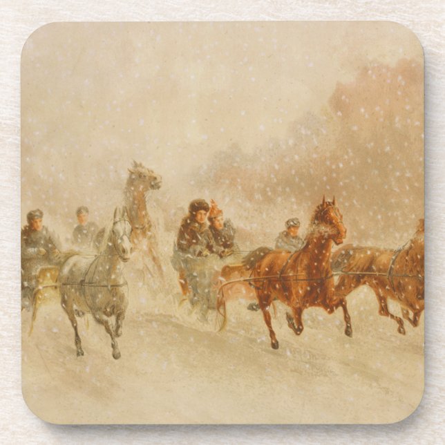 One Horse Open Sleigh Race Set of Cork Coasters (Front)