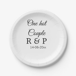 One hot add couple name initial letter text date paper plate