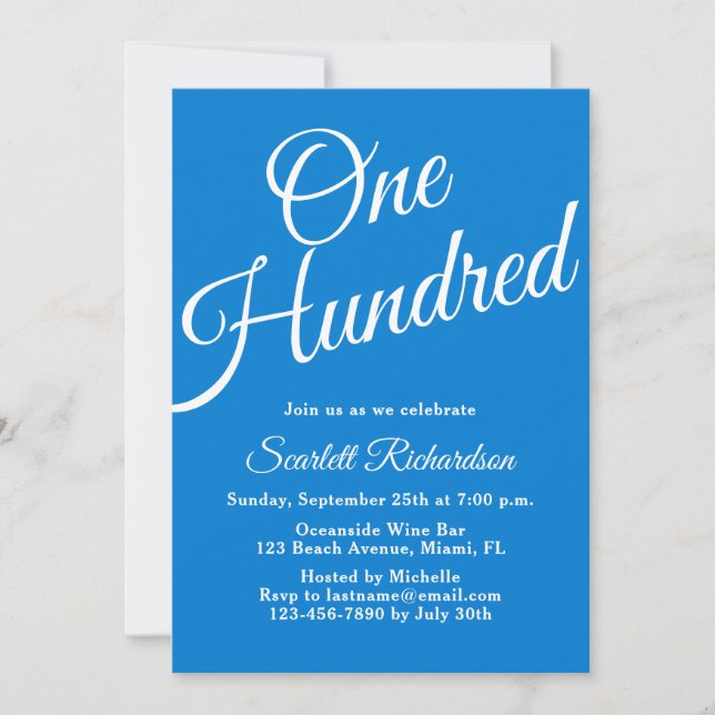 One Hundred Script Blue 100th Birthday Party Invitation (Front)