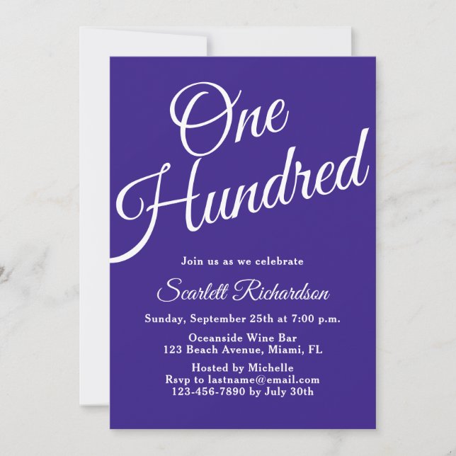 One Hundred Script Purple 100th Birthday Party Invitation (Front)