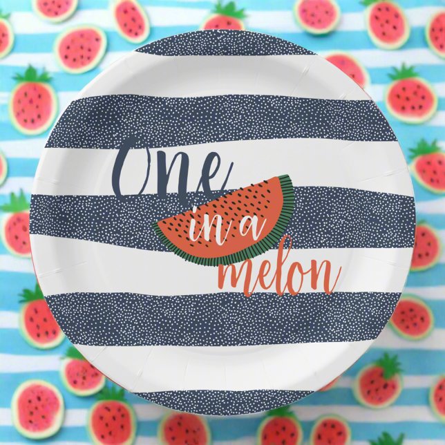 One in a Melon 1st Birthday Baby Boy Blue Striped Paper Plate (Creator Uploaded)