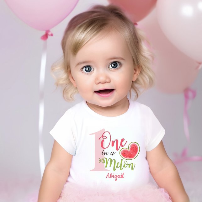 One In A Melon 1st Birthday Girl Baby Bodysuit (1st Birthday bodysuit one in a melon, with pink watermelon in heart shape for girls)